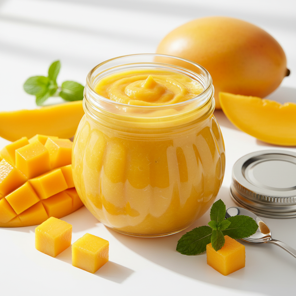 Un tarro de puré de mango suave rodeado de rodajas y cubos de mango fresco, y hojas de menta sobre una superficie blanca.
