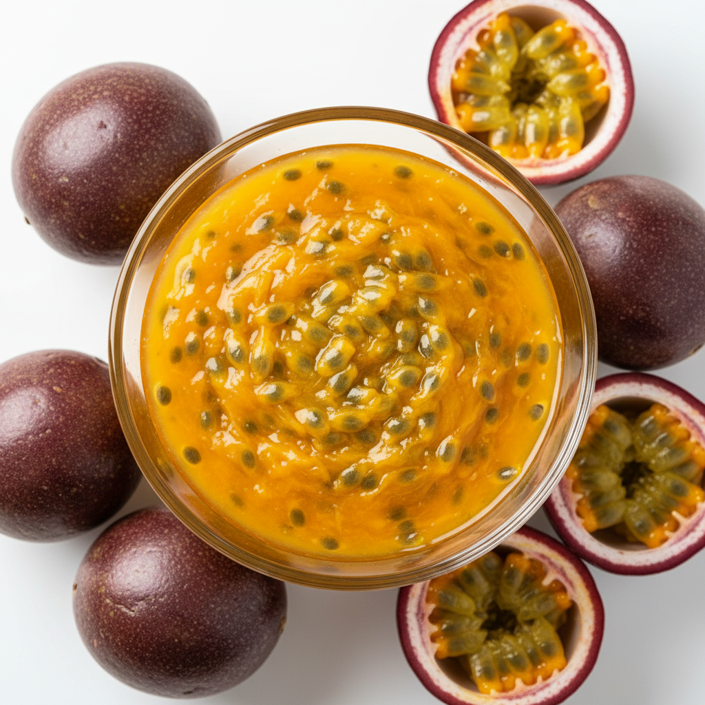 Un cuenco de pulpa de maracuyá rodeado de varias frutas de la pasión moradas enteras y partidas por la mitad sobre un fondo blanco.