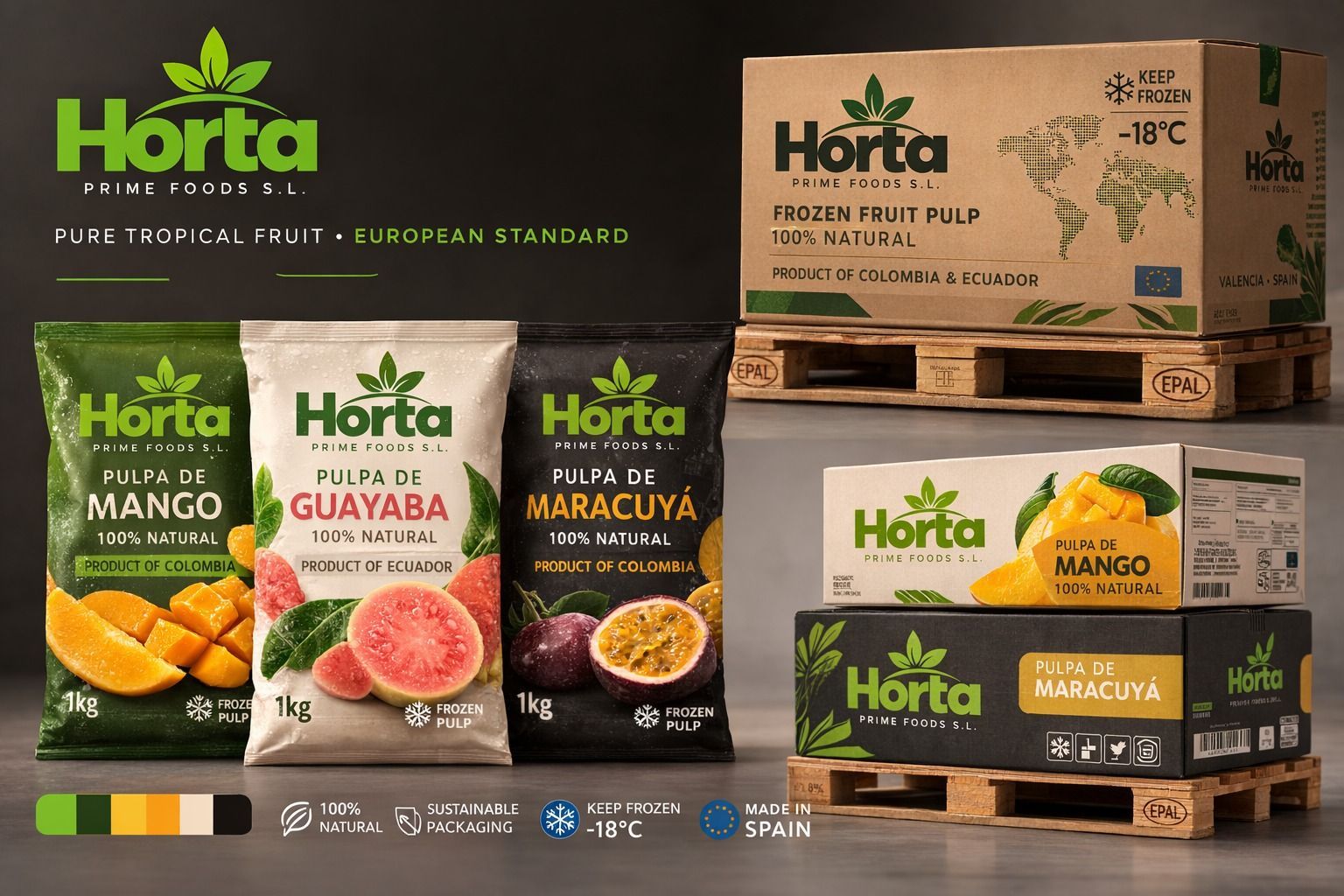 Productos de pulpa de fruta congelada de la marca Horta, que incluyen mango, guayaba y maracuyá, exhibidos en paletas y estantes.