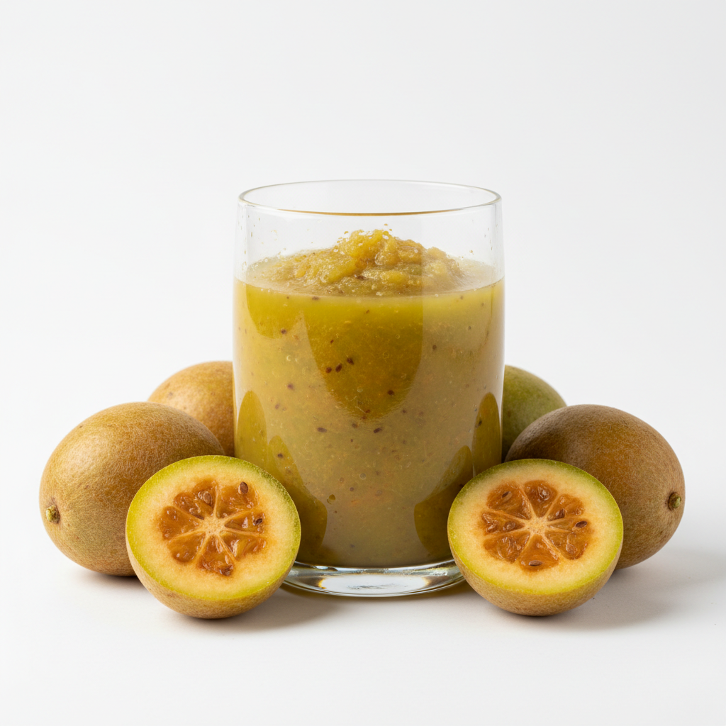 Un vaso de batido de kiwi amarillo rodeado de kiwis enteros y en rodajas sobre un fondo blanco.