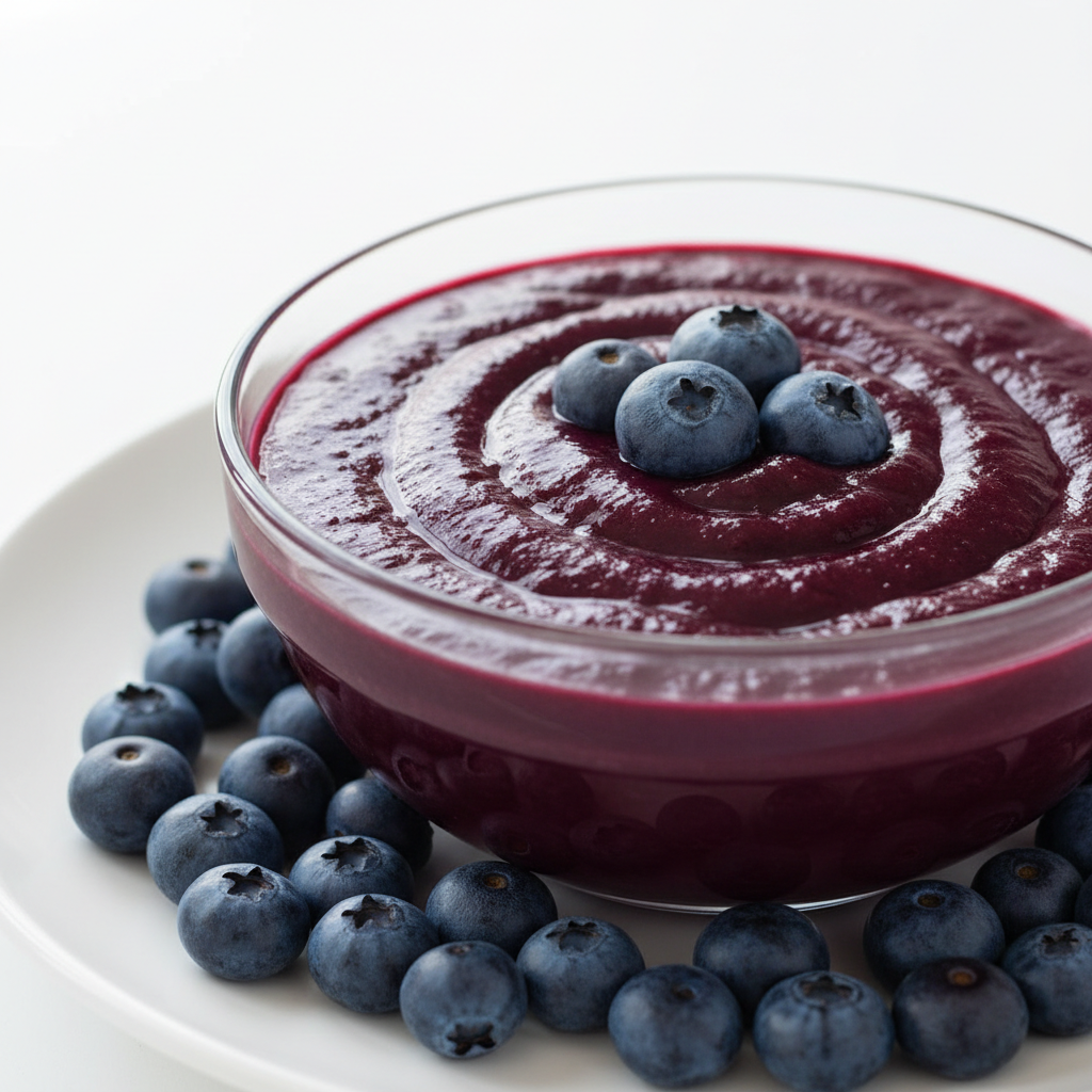 Un tazón de batido o puré de arándanos de color morado oscuro, adornado con arándanos frescos, servido sobre un plato con bayas esparcidas.