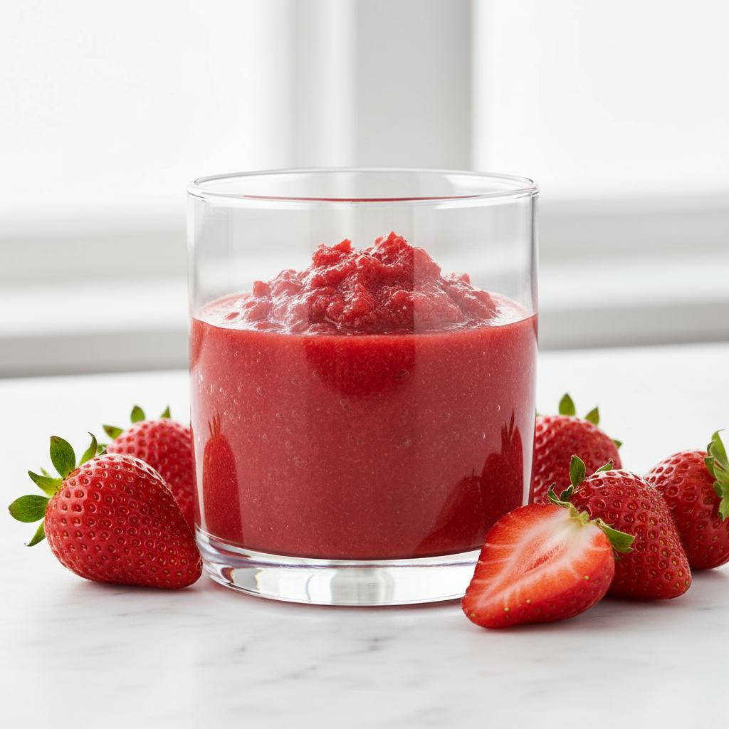 Un vaso de batido de fresa de color rojo brillante, cubierto con puré y rodeado de fresas frescas sobre una superficie blanca.