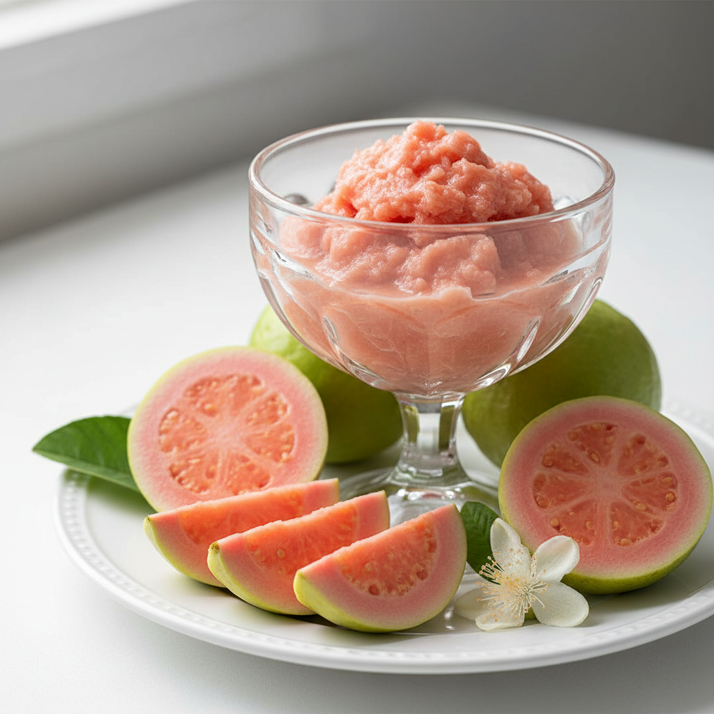 Un cuenco de cristal lleno de sorbete de guayaba rosa, rodeado de rodajas de guayaba fresca de pulpa rosada y una flor sobre un plato blanco.
