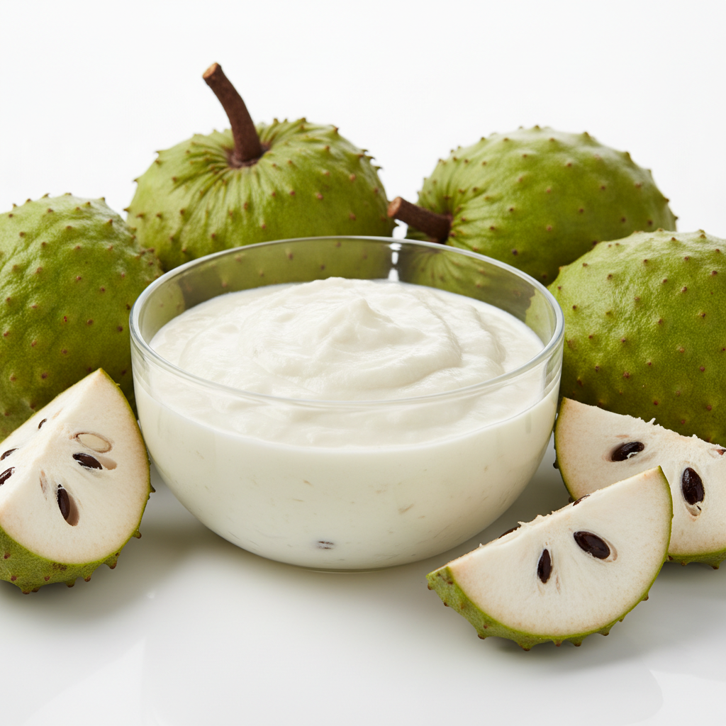 Un cuenco de salsa cremosa blanca rodeado de guanábanas verdes, espinosas y enteras, cortadas en rodajas, sobre un fondo blanco.