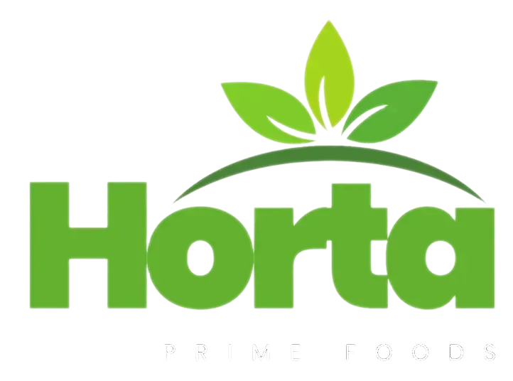 Logotipo de Horta Prime Foods con texto verde y un icono de tres hojas sobre una l&iacute;nea curva.