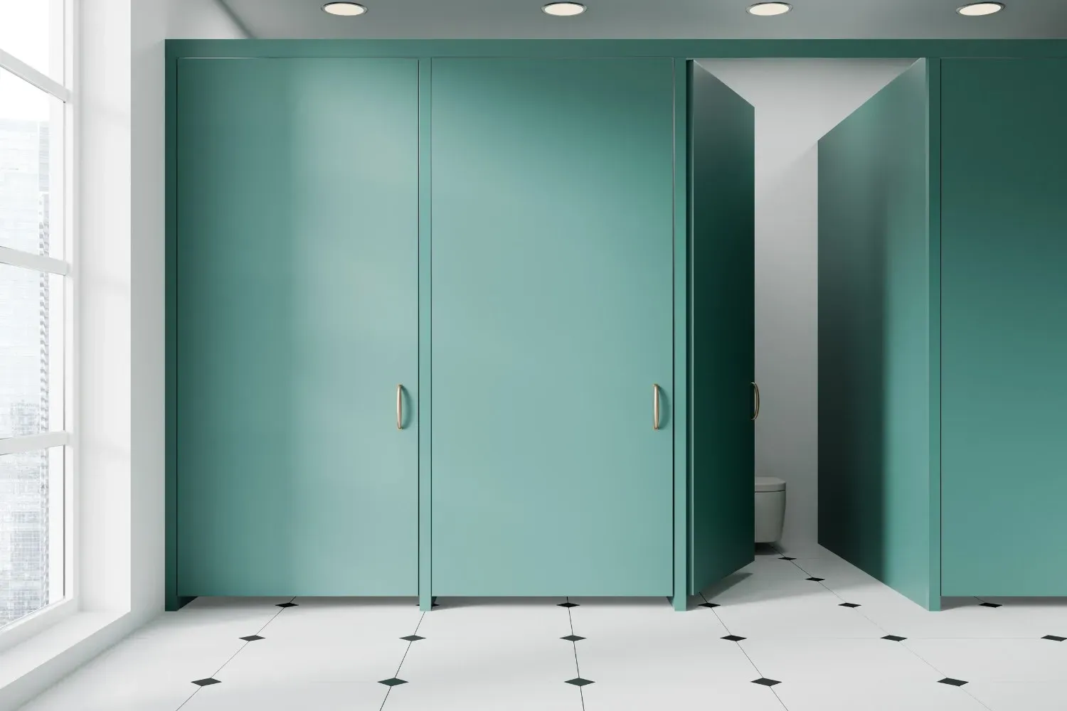 Cabinas de baño color verde azulado con una puerta abierta, piso de baldosas blancas y negras, ventana.