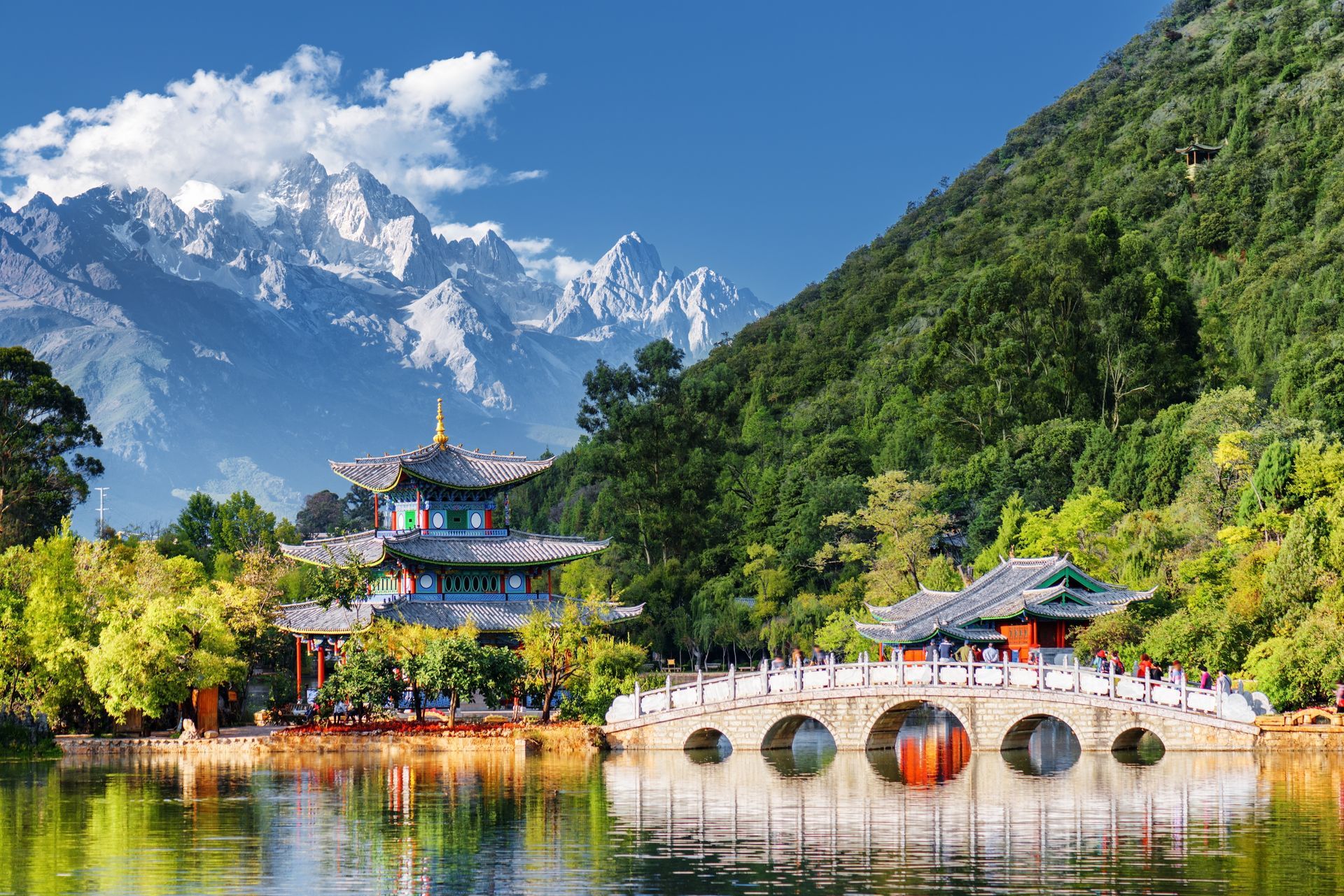 There is a bridge over a lake with mountains in the background.