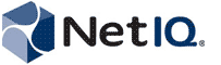 Logo NetIQ avec une forme géométrique bleue et le nom de l'entreprise.
