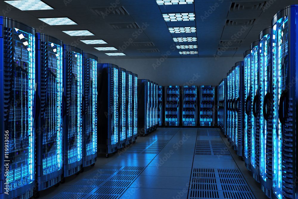 Salle des serveurs avec des rangées de baies informatiques bleues lumineuses.