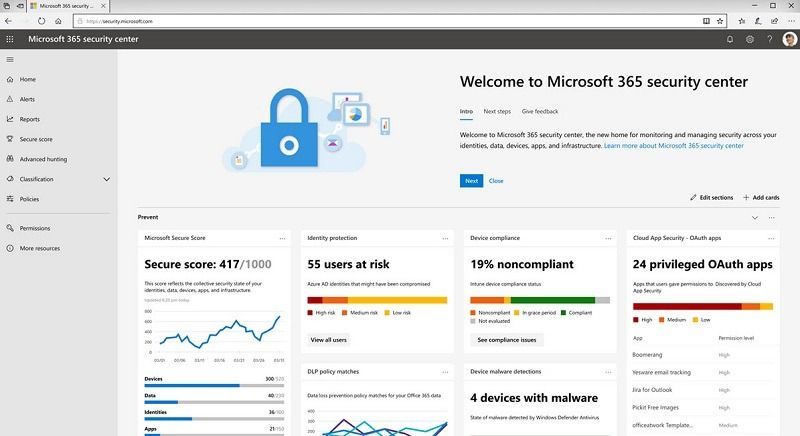 Microsoft 365 security center dashboard, showing a lock icon, data charts, and security status indicators.
