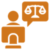 Icon Person vor PC und Sprechblase mit Waage, Rechtsanwaltskanzlei UDO SAUL