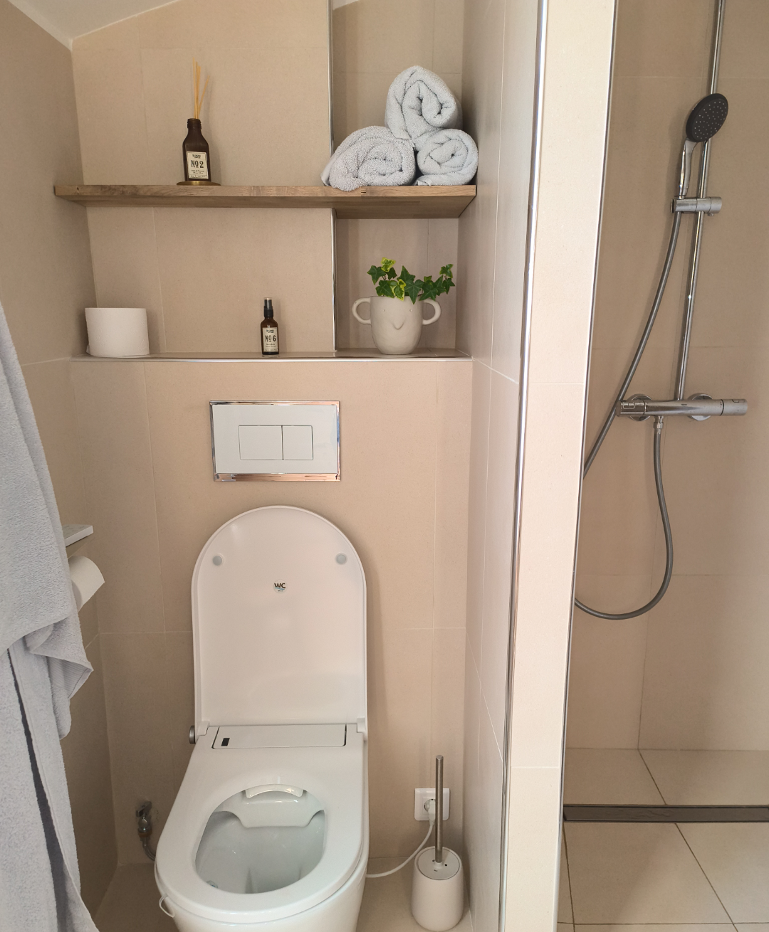 Salle de bains avec rangement au dessus des toilettes.