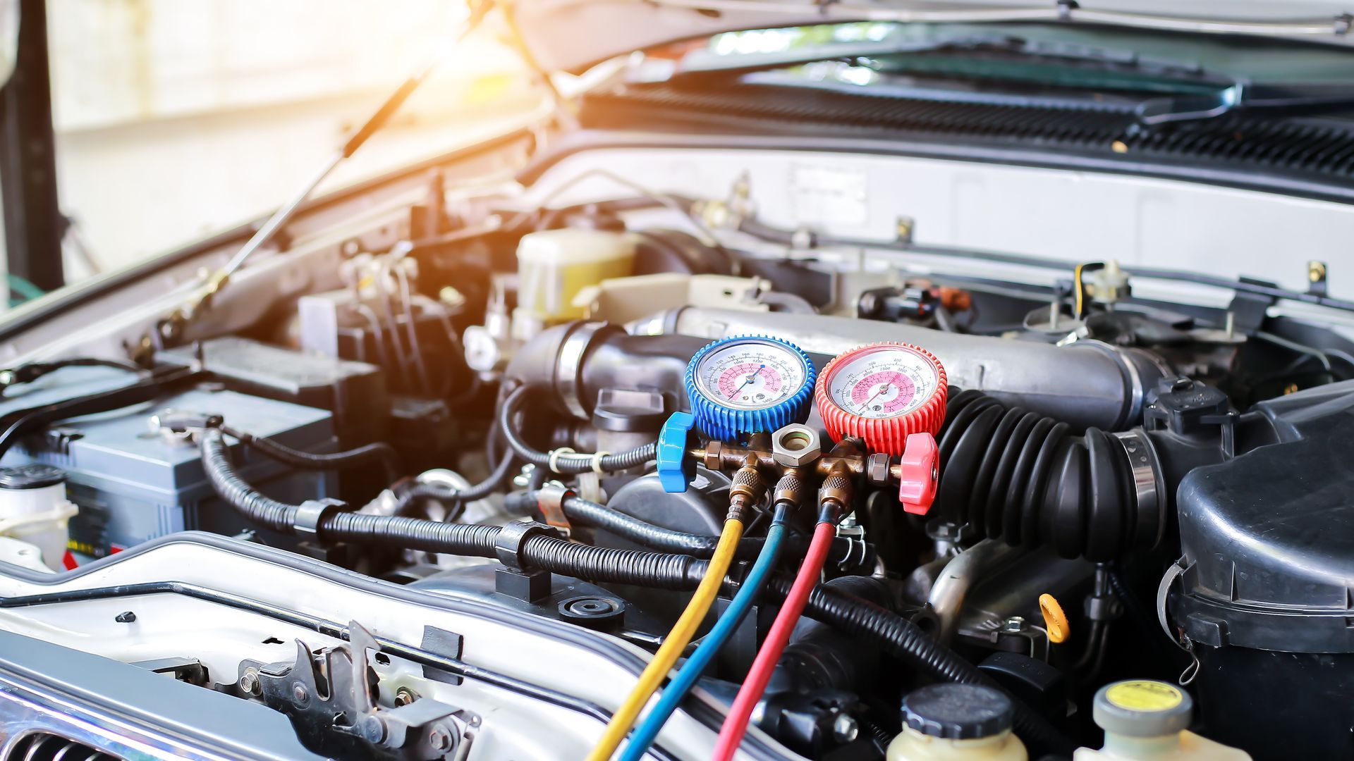 Moteur de voiture avec jauges attachées, probablement pour une réparation de climatisation.