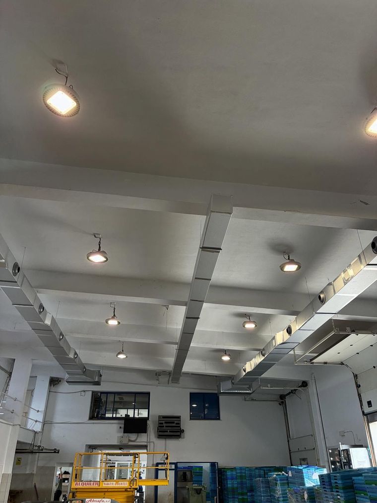 Interior de una gran nave industrial, con luces blancas en el techo y equipos amarillos debajo.