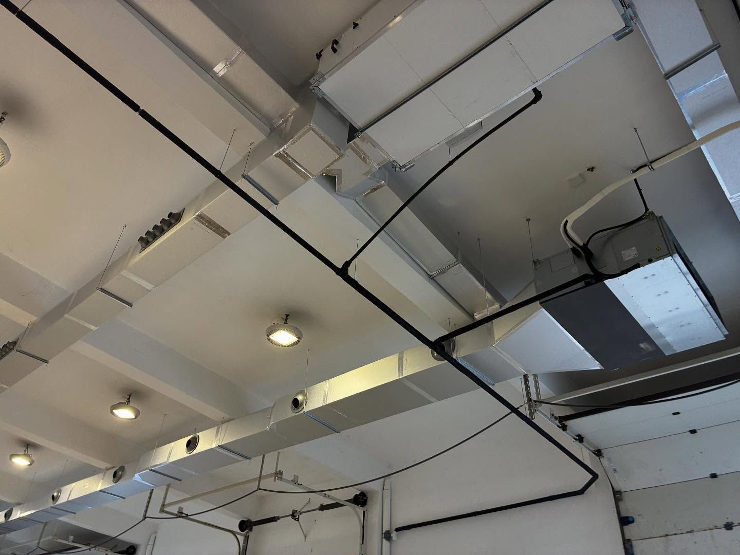 Techo industrial con conductos, tuberías y luces a la vista en un gran espacio interior
