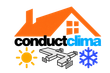 Logotipo de Conductclima con un tejado naranja, texto negro y azul, un sol, conductos de climatizaci&oacute;n y copos de nieve