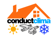 Logotipo de Conductclima con un tejado naranja, texto negro y azul, un sol, conductos de climatizaci&oacute;n y copos de nieve