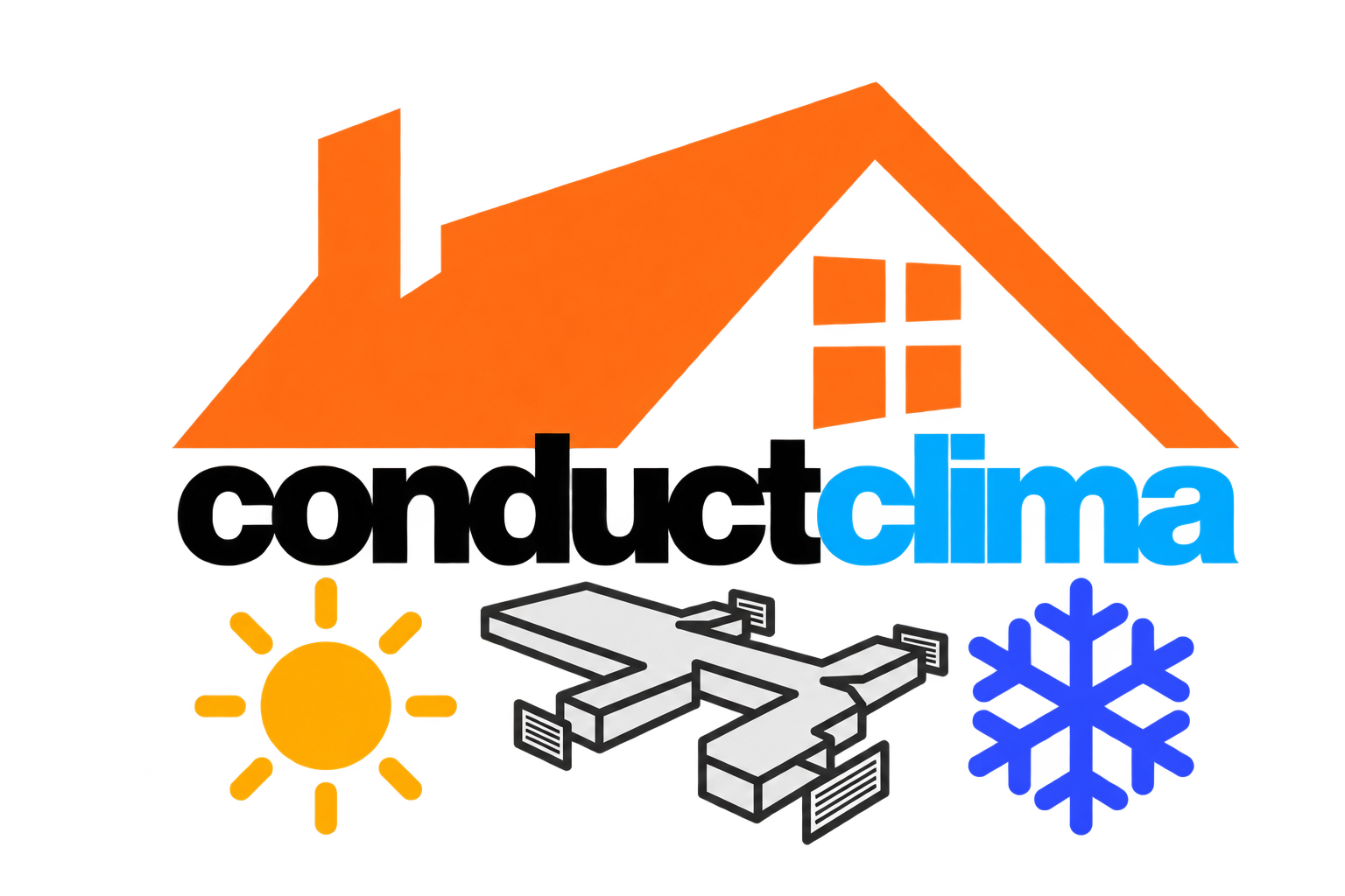 Logotipo de Conductclima con un tejado naranja, texto negro y azul, un sol, conductos de climatizaci&oacute;n y copos de nieve