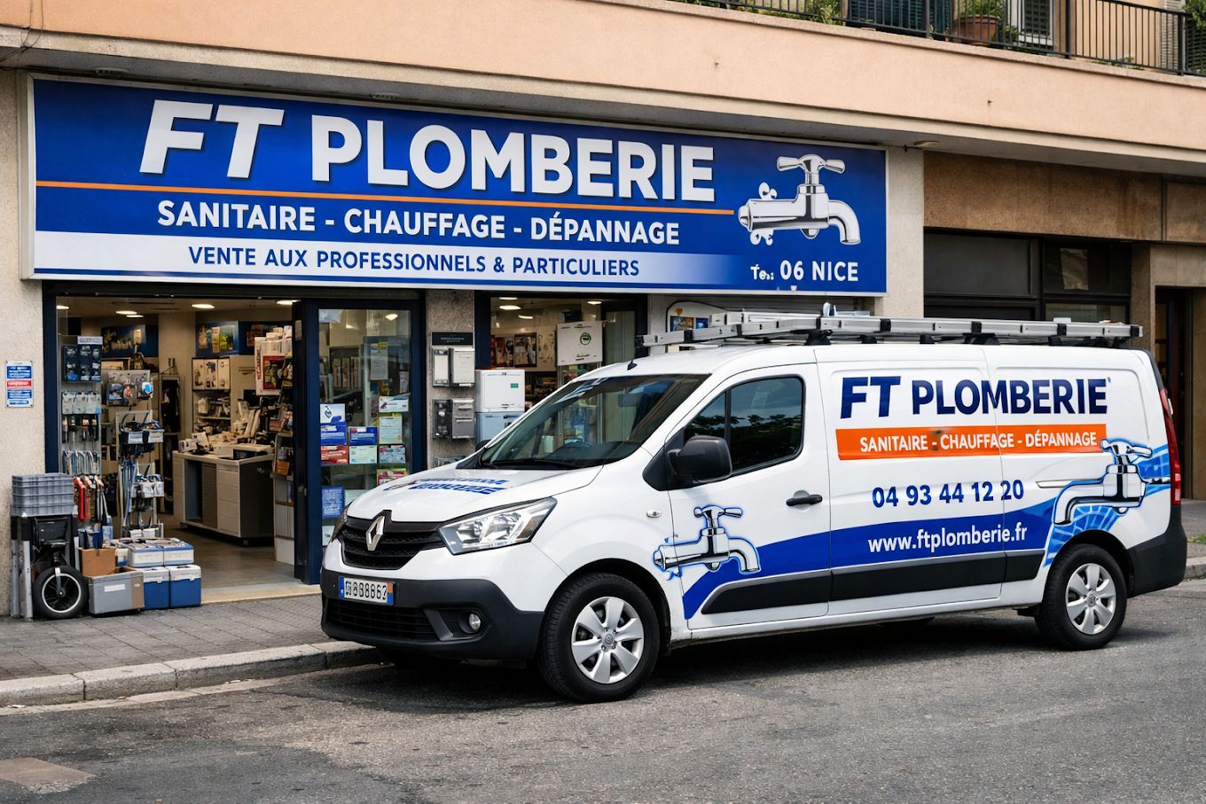 Façade du magasin FT Plomberie avec une camionnette de service blanche garée devant, dans la rue.