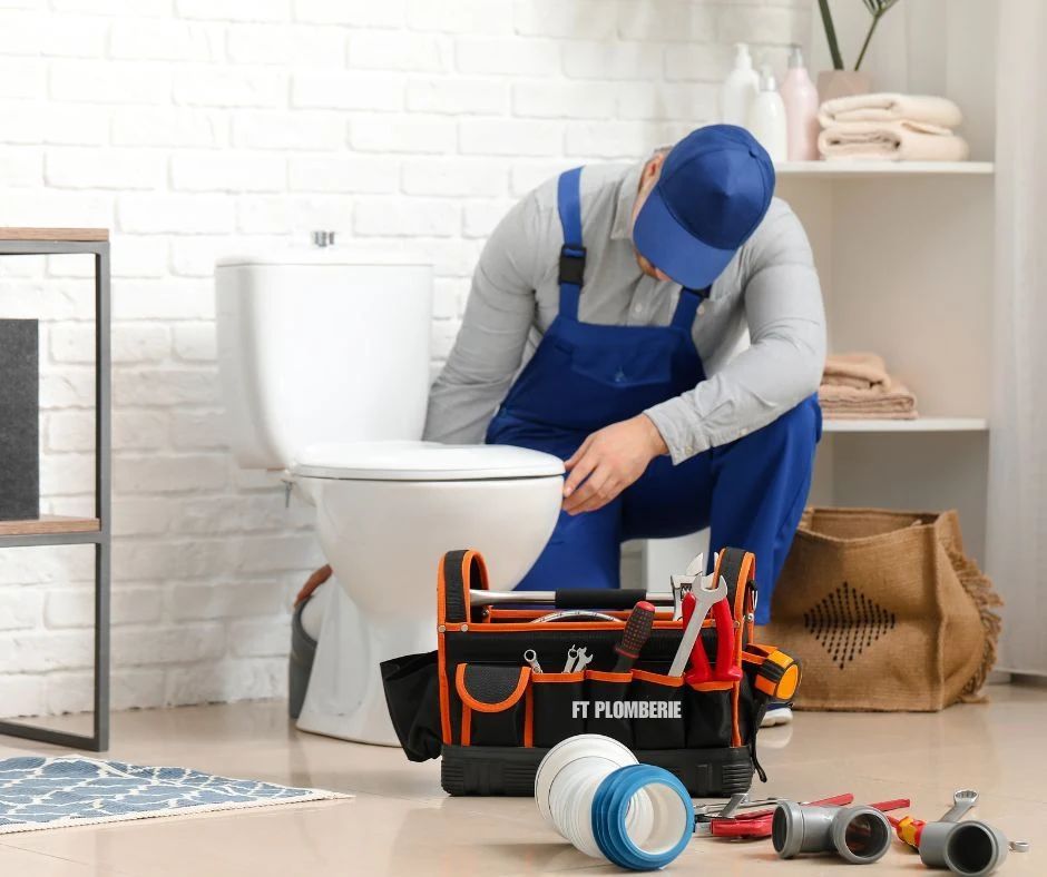 Un plombier en salopette bleue répare des toilettes dans une salle de bains, ses outils à portée de main.