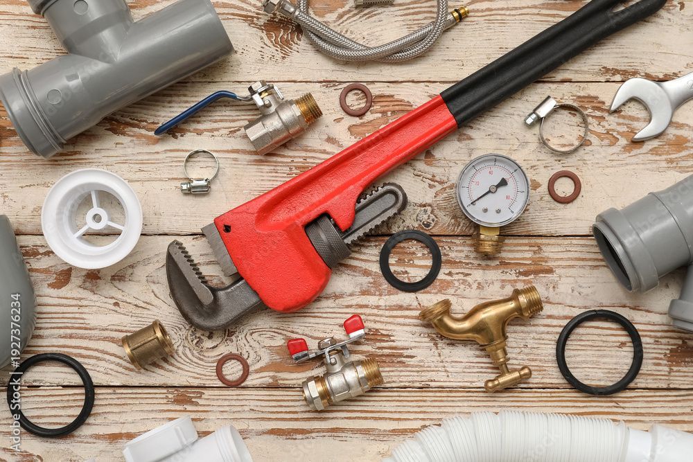 Outils et raccords de plomberie assortis disposés sur une surface en bois, centrés sur une clé à pipe rouge.