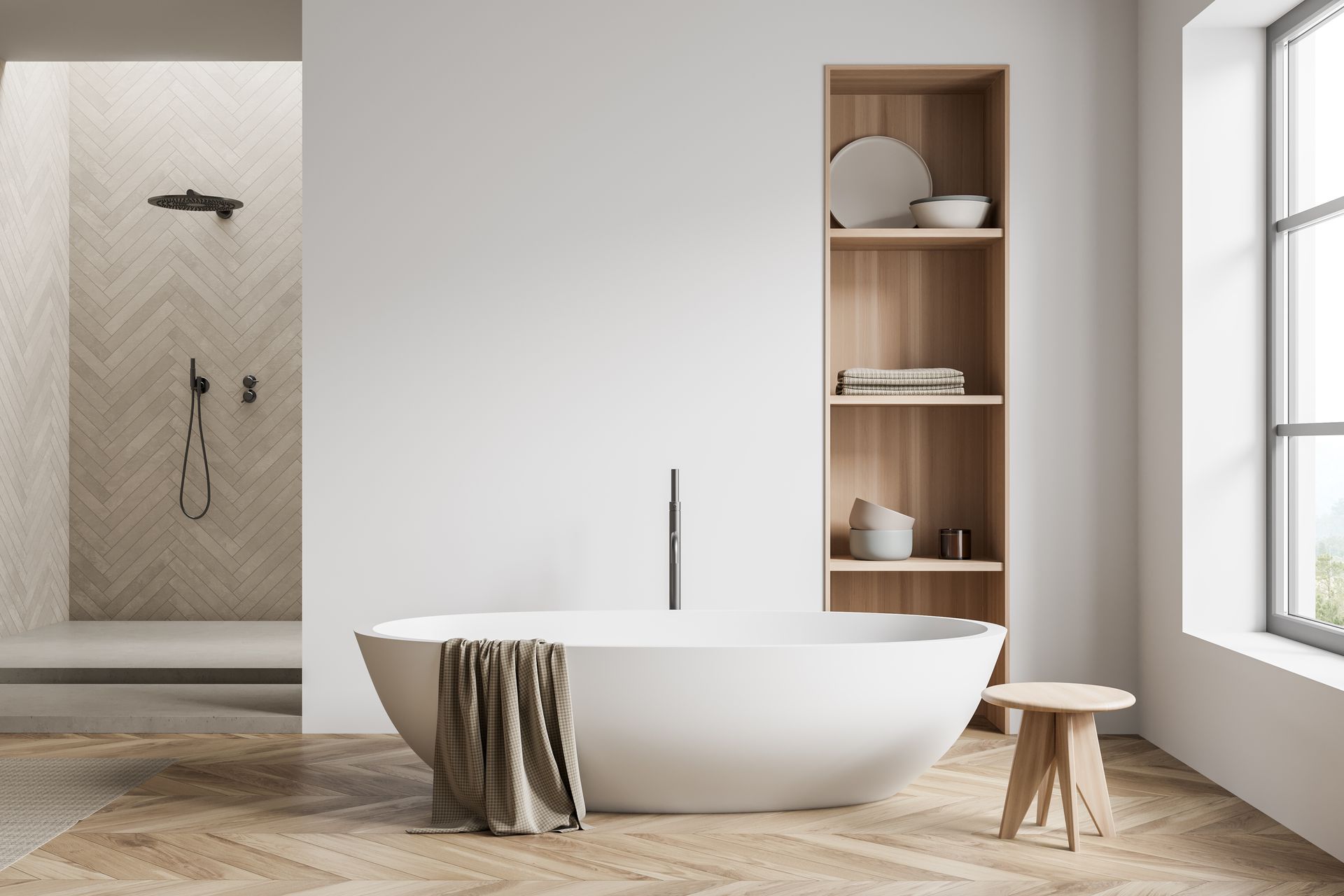 Salle de bains minimaliste avec baignoire blanche autoportante, étagères en bois et espace douche en pierre.