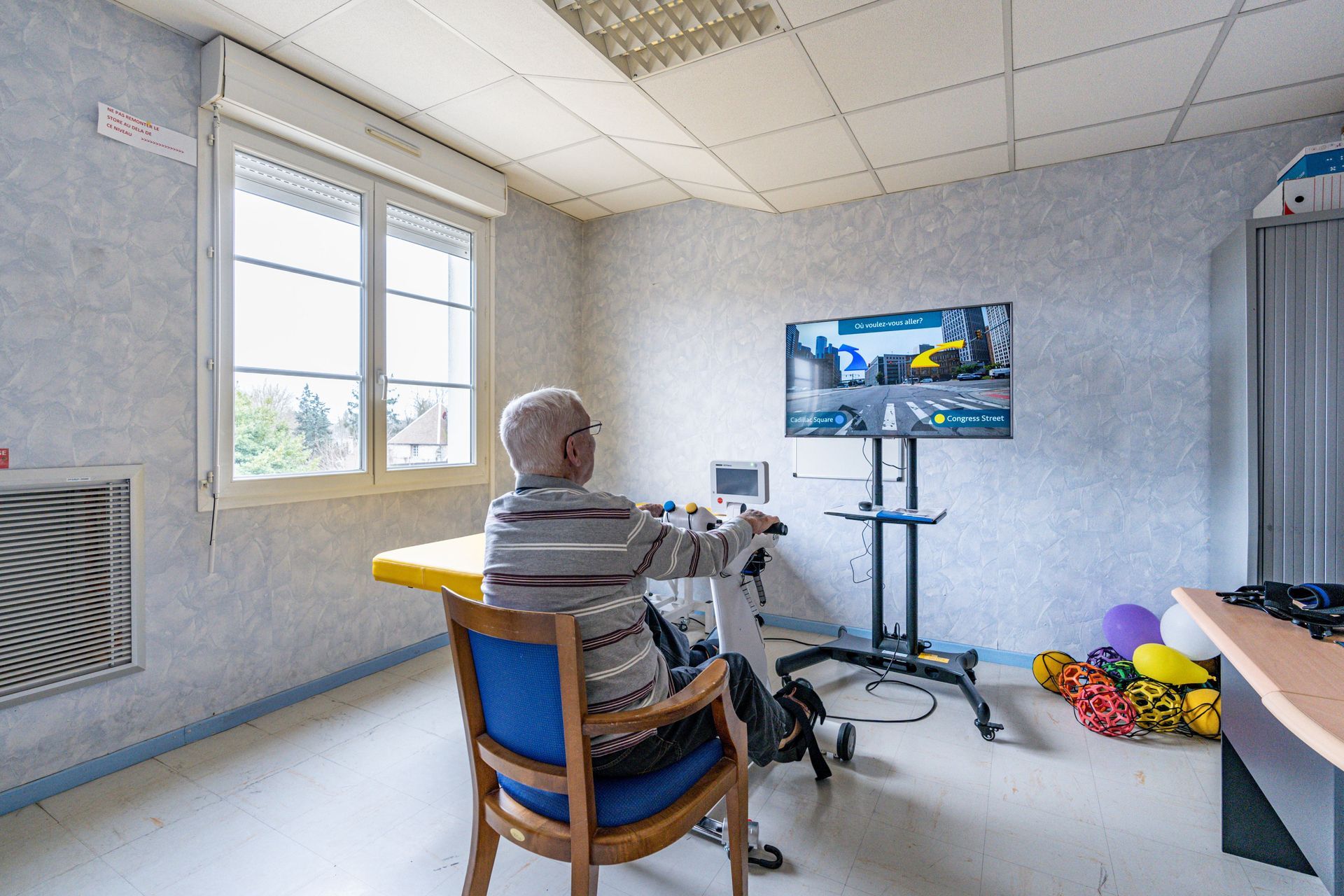 Une personne assise dans une pièce lumineuse regarde une télévision sur un meuble, avec un petit chien à ses côtés.