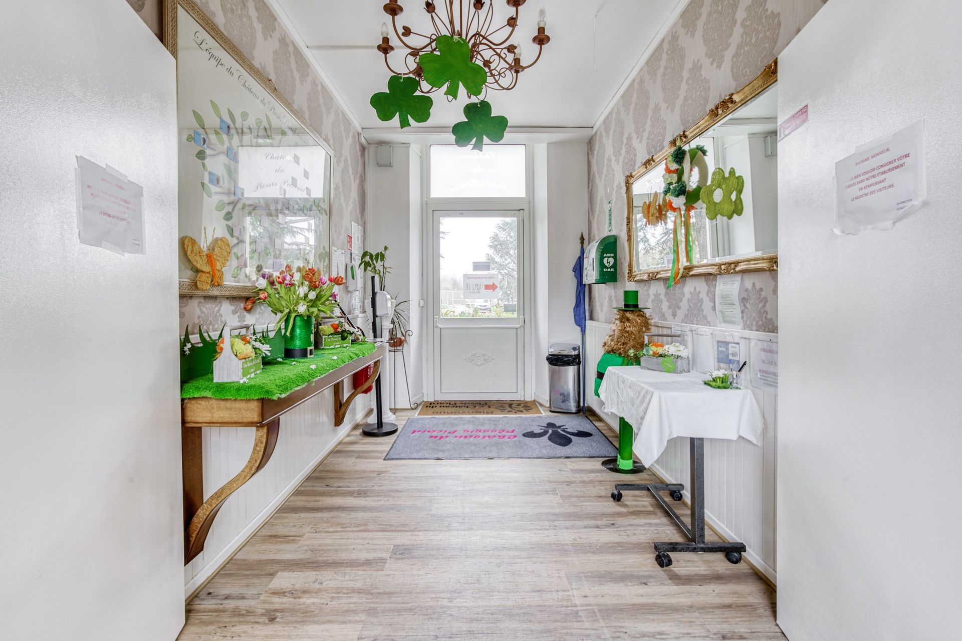 Couloir étroit avec miroirs, plantes, murs blancs et une porte vitrée au fond