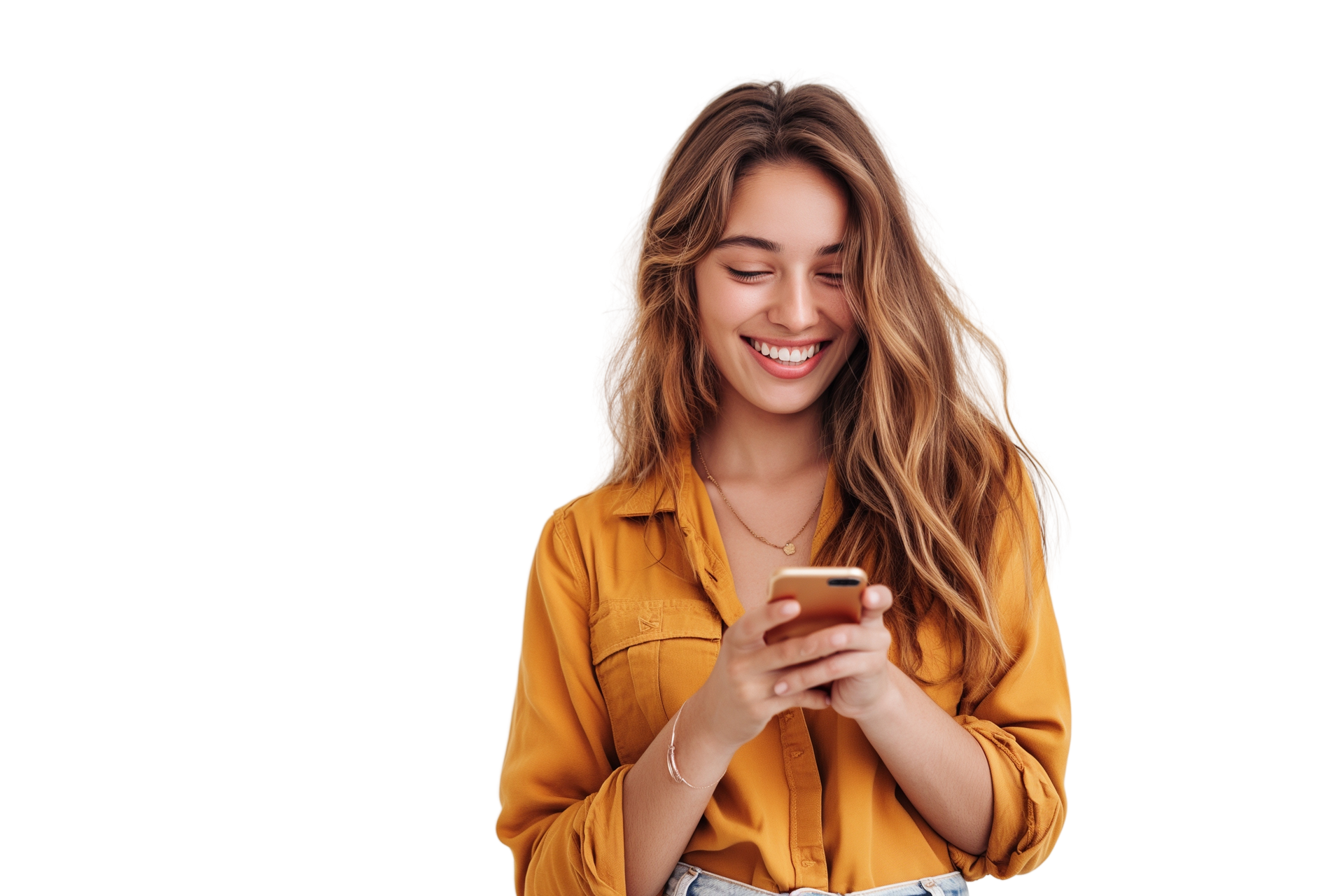 Jeune femme aux cheveux longs regarde son téléphone