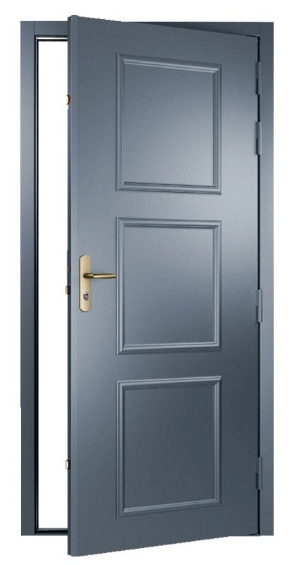 Porte grise entrouverte, laissant apparaître des panneaux rectangulaires et une poignée dorée, sur fond d'ouverture blanche.
