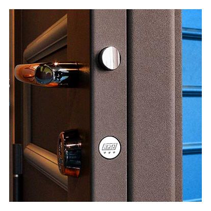 Gros plan sur une porte en métal brun avec poignée et serrure chromées. Panneaux bleus visibles à droite.