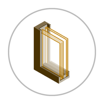 Schéma en coupe 3D d'une fenêtre à double vitrage placée dans un cadre circulaire.