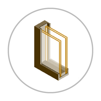 Schéma d'une section de fenêtre à double vitrage, montrant deux couches de verre parallèles insérées dans un cadre brun.