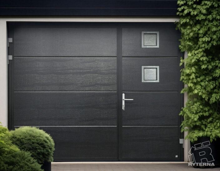 Una porta da garage nera con finestre quadrate e una maniglia della porta