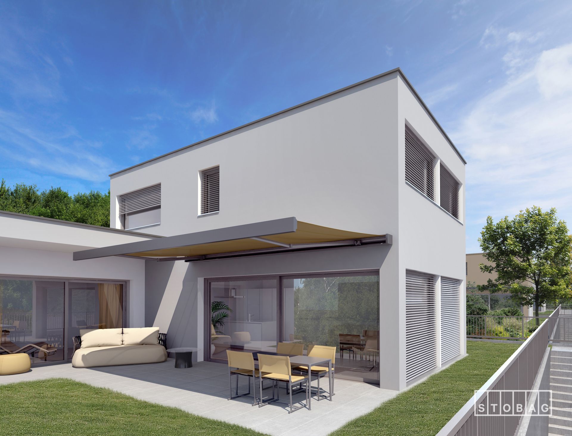 Rappresentazione artistica di una casa con un'ampia area patio