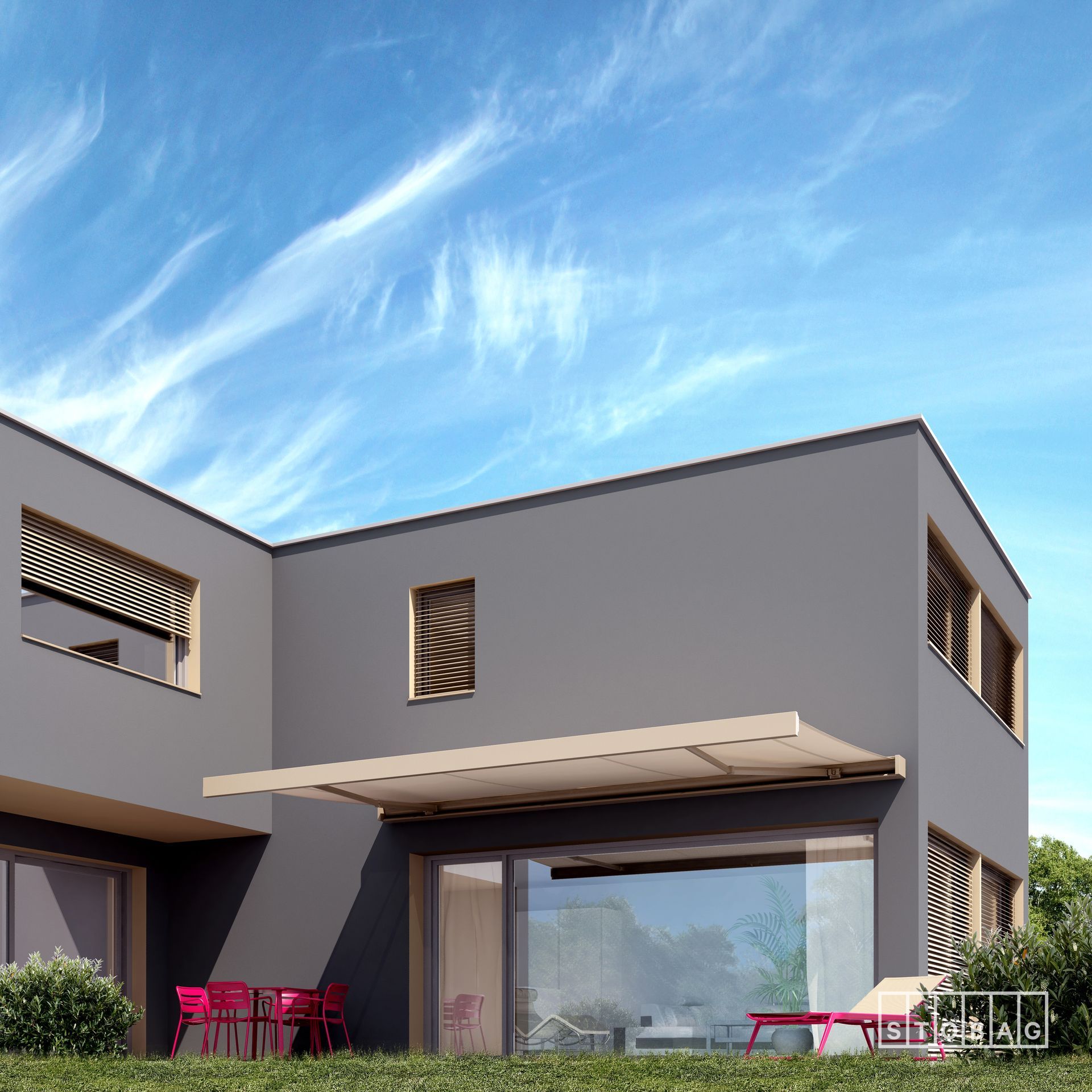 Rappresentazione artistica di una casa moderna con una grande porta scorrevole in vetro