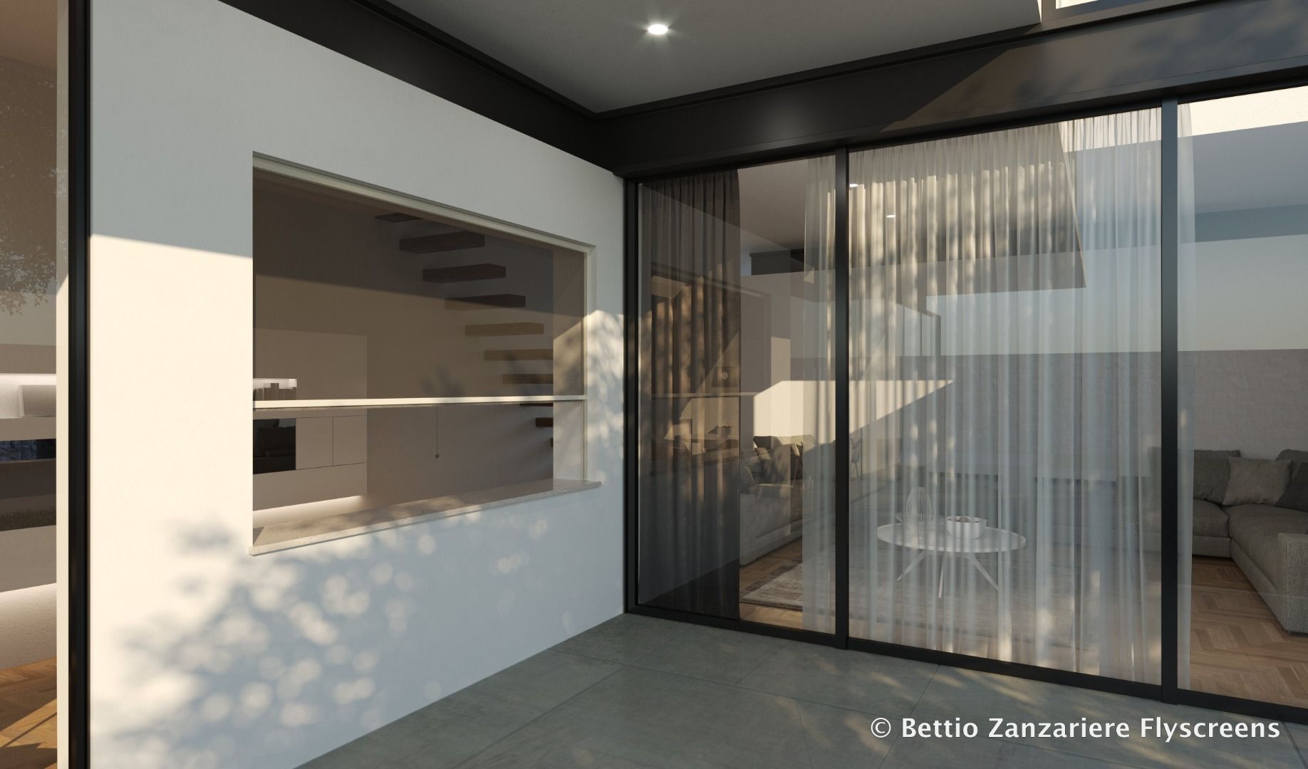 Rappresentazione artistica di una casa con porte scorrevoli in vetro