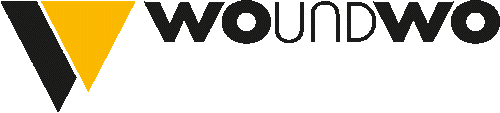 Un logo nero e giallo per Woundwo su uno sfondo bianco.