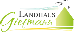 Ein Logo für Landhaus Giemann mit einem Gewächshaus und herumfliegenden Vögeln.
