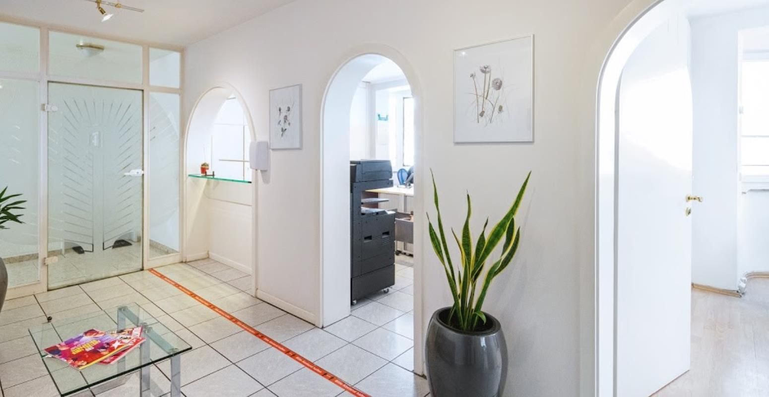 Ein Zimmer mit einer Pflanze in einem Topf auf dem Boden