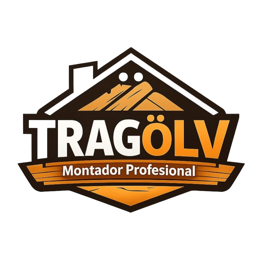 Logotipo de "TRAG&Ouml;LV Montador Profesional" con el contorno de una casa sobre tablones de madera