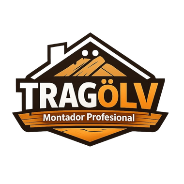 Logotipo de "TRAG&Ouml;LV Montador Profesional" con el contorno de una casa sobre tablones de madera