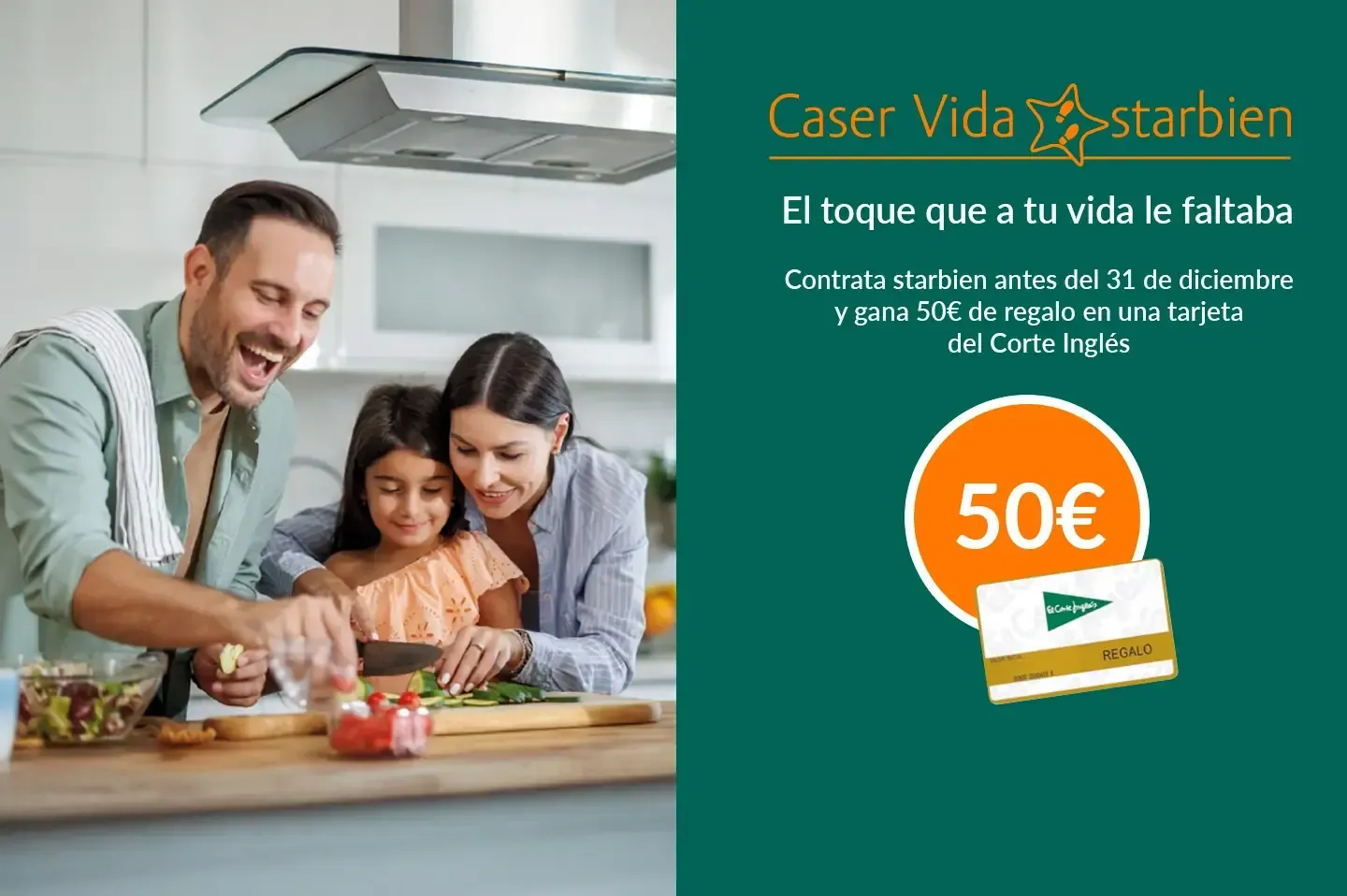 Familia en la cocina, sonriendo, cocinando. Anuncio de Caser Vida, con tarjeta regalo de 50 €.