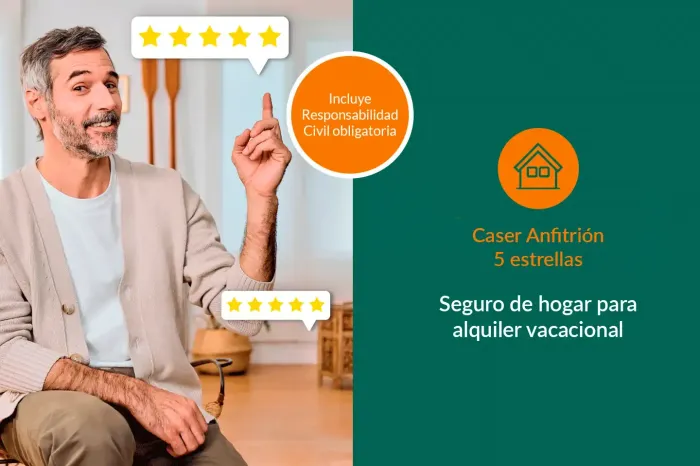 Hombre señala hacia arriba; burbuja de reseñas de 5 estrellas, texto de Caser Anfitrión sobre fondo verde, ícono de casa, texto sobre seguro de alquiler vacacional.