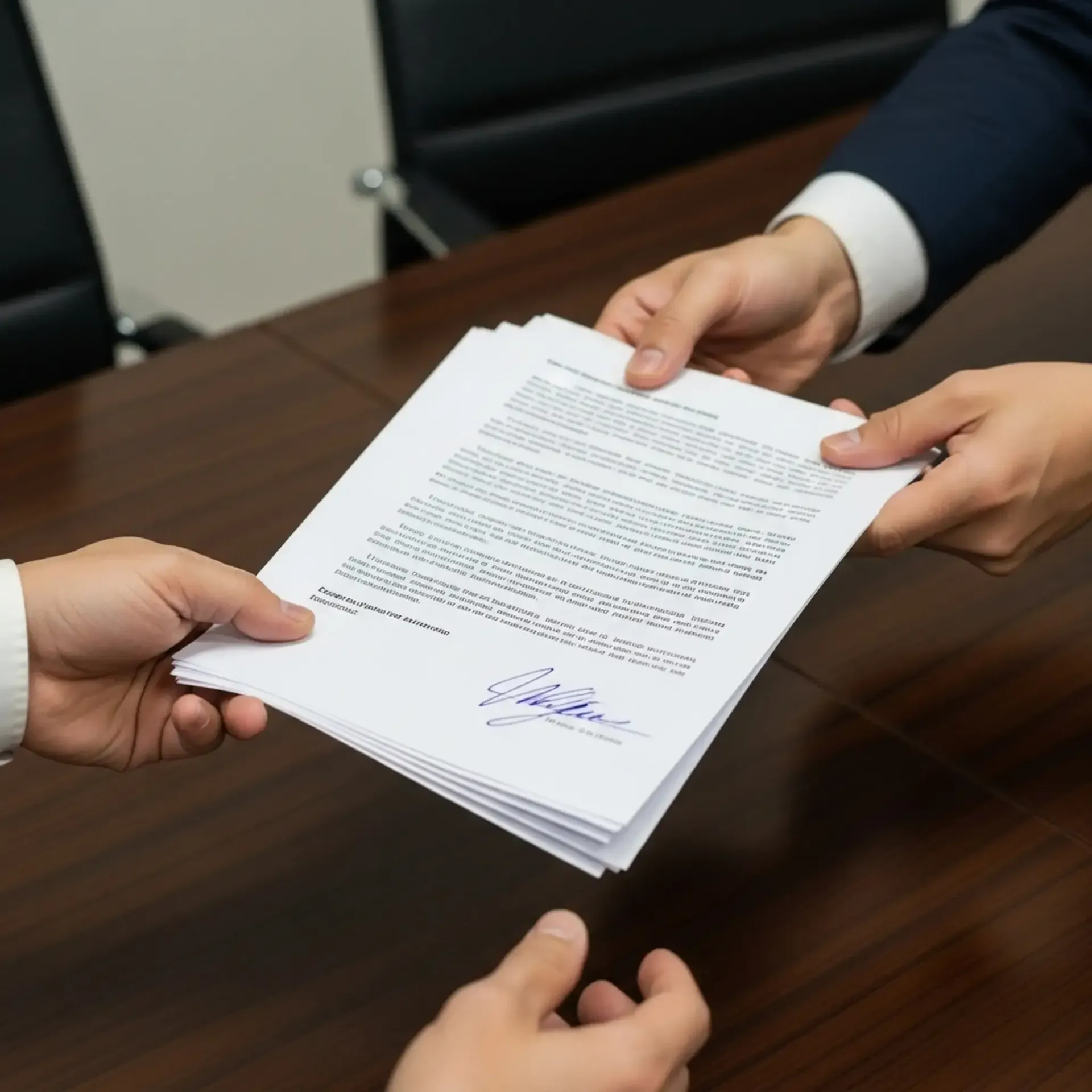 Dos personas intercambian una pila de documentos, mientras una de ellas extiende sus manos para alcanzar los papeles.