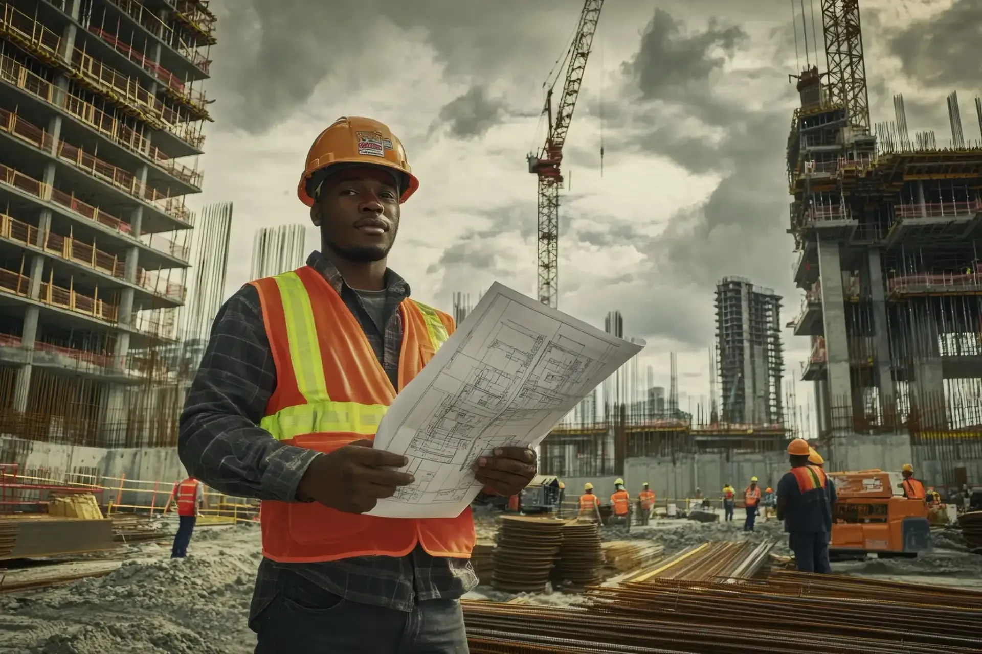 Trabajador de la construcción con chaleco de seguridad naranja y casco sosteniendo planos, en un sitio de construcción.