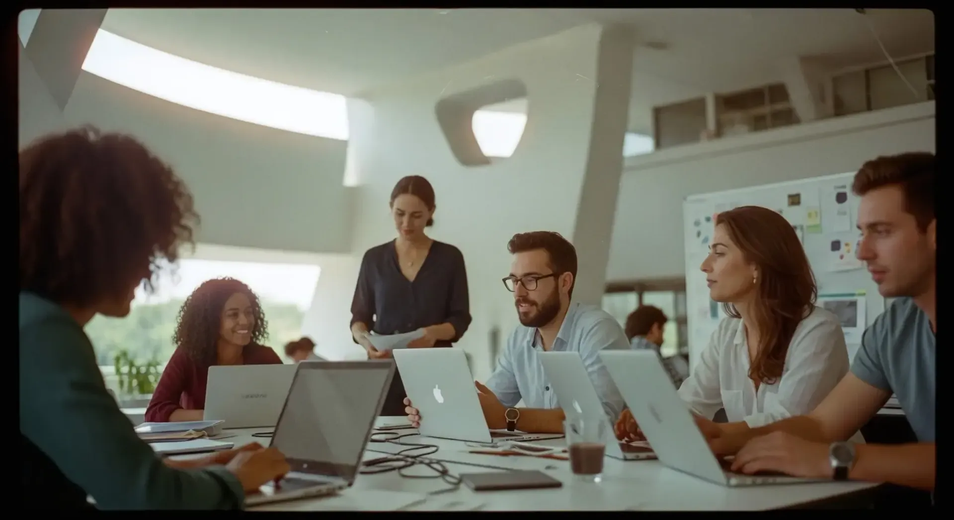 Grupo de personas colaborando alrededor de una mesa en una oficina moderna, usando portátiles. Una persona está de pie, sosteniendo papeles.