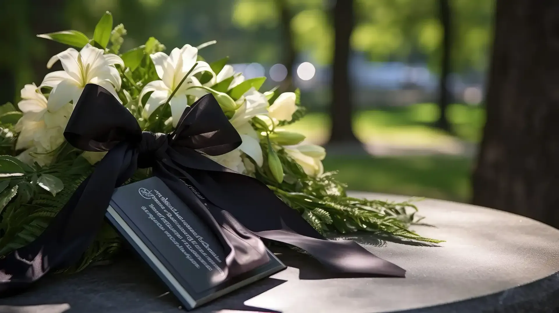 Lirios blancos con cinta negra y etiqueta sobre una superficie de piedra, al aire libre.