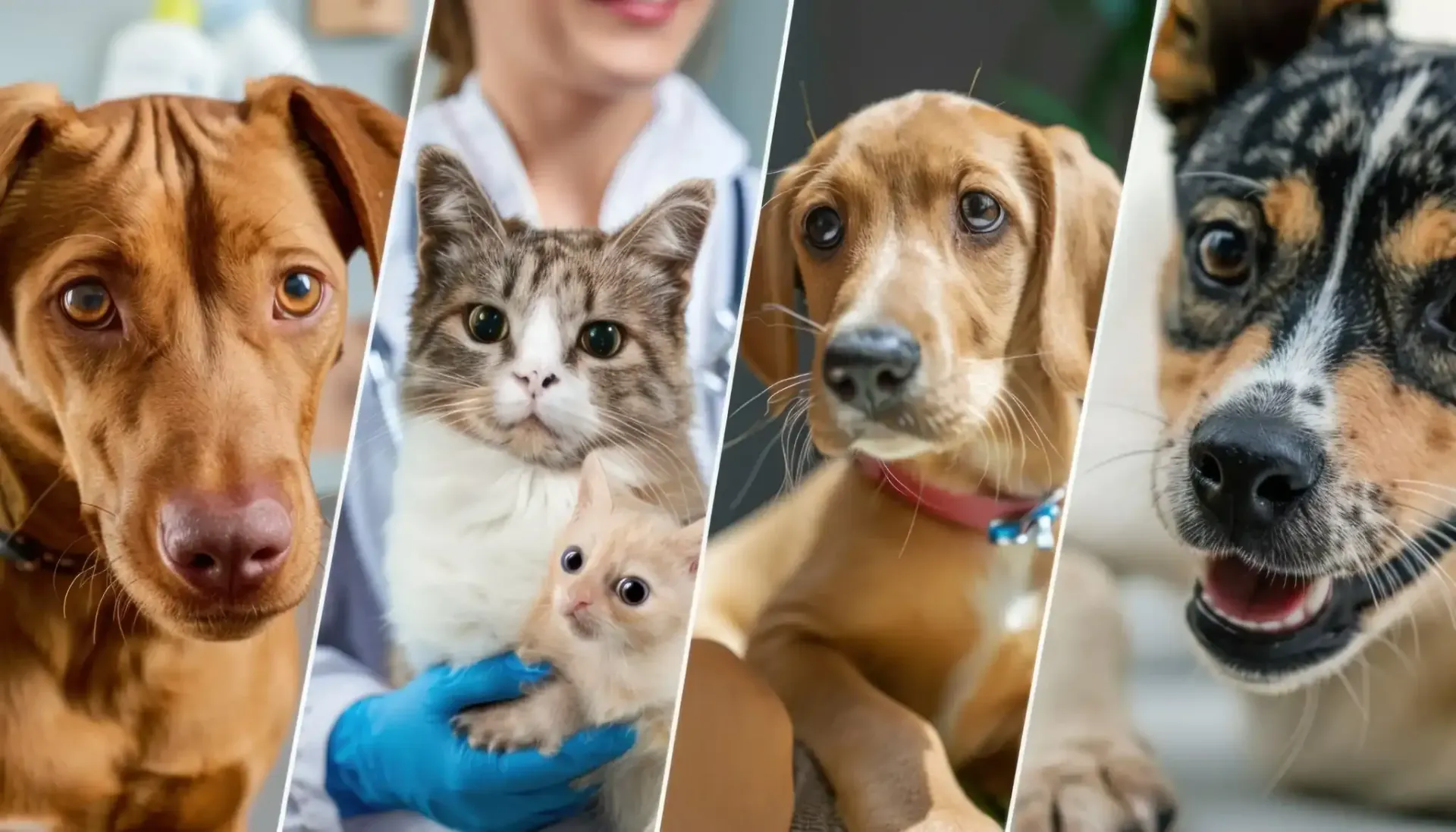 Cuatro mascotas: dos perros, un gato sostenido por una persona con guantes azules y otro perro con marcas negras, blancas y marrones.