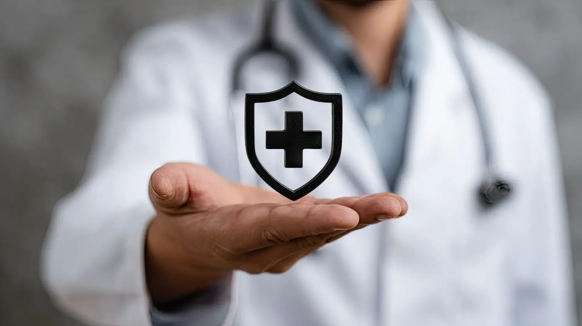 Médico sosteniendo un escudo de seguro de salud con un símbolo de cruz.